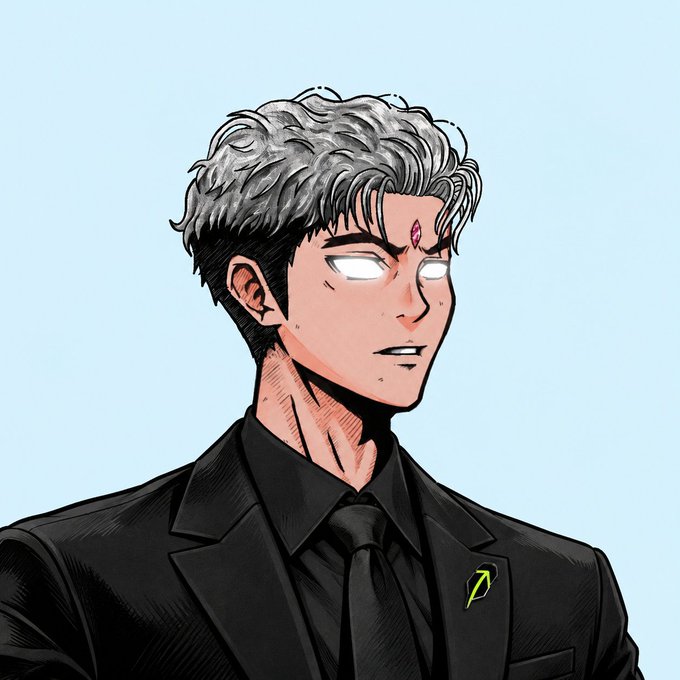 A digital illustration of a man with wavy gray hair, glowing white eyes, a pink diamond mark on his forehead, wearing a black suit with a green lapel pin.