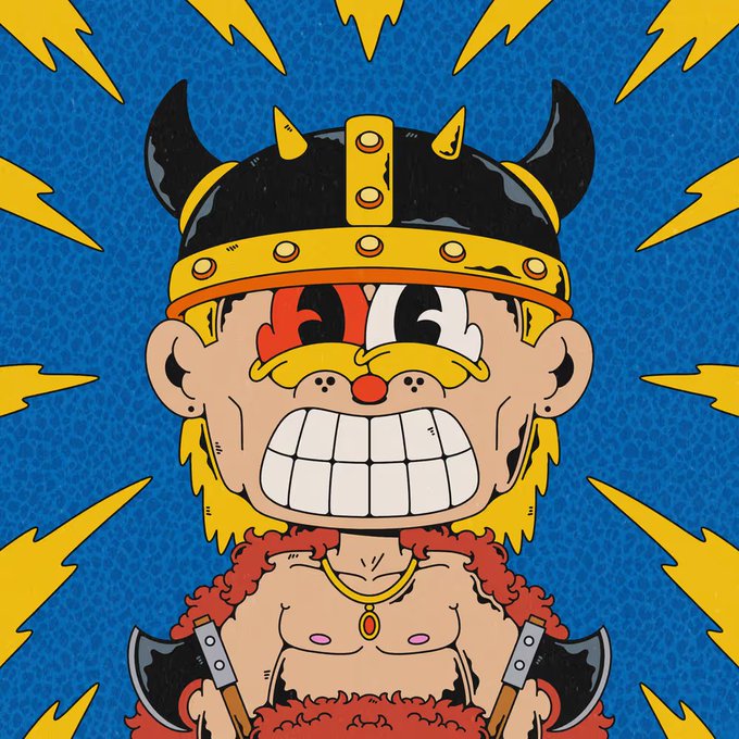 A cartoon illustration of a fierce Viking character wearing a horned helmet, with a wide toothy grin, red clown nose, and yellow beard, set against a blue background with yellow lightning bolts, representing "Erik," a mint from the Wackyville NFT collection.