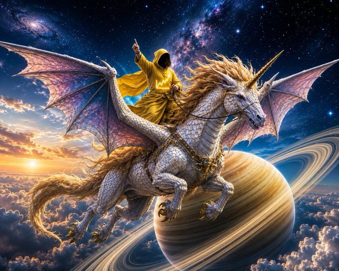 A fantasy digital artwork depicts a hooded figure in yellow robes riding a winged white unicorn with a golden horn across a cosmic sky with planets and stars.