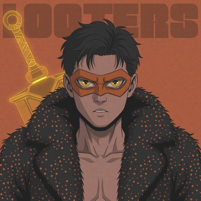 An illustration of a young superhero character with dark hair, yellow eyes, and an orange domino mask, wearing a black fur-collared cape with the title "ROOSTERS" and a glowing sword in the background.