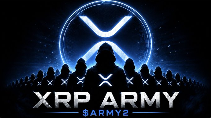 A glowing XRP logo illuminates a shadowy lineup of hooded figures bearing X-mark insignias, with the bold text "XRP ARMY" and "$ARMY2" displayed below—visually reinforcing the meme's announcement that XRP holders now have their own dedicated token.