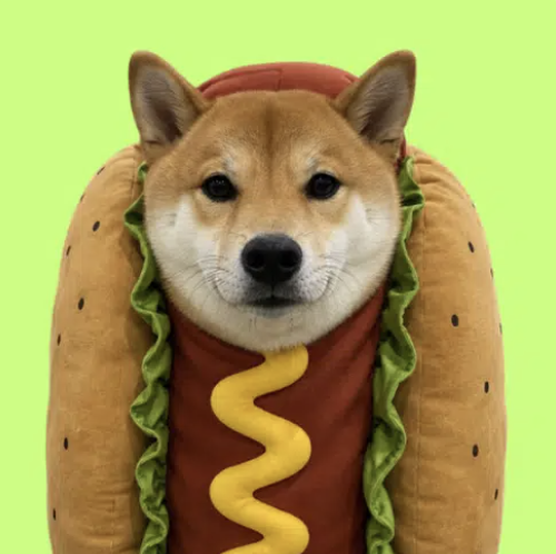 A Shiba Inu dog dressed in a hot dog costume with mustard, set against a green background.