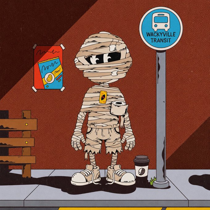 An illustration of a mummy character holding a coffee cup, standing at a 'WACKYVILLE TRANSIT' bus stop holding toilet paper.