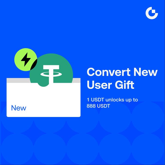 A promotional graphic featuring a white envelope labeled "New," alongside a green lightning bolt and a Tether (USDT) coin on a blue background, highlights Gate.io's "Convert New User Gift" offer, advertising that trading 1 USDT unlocks up to 888 USDT in rewards for new Convert users.