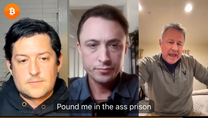 A three-person video call screenshot featuring Bitcoin logo in the top-left corner, showing three men with the subtitle 'Pound me in the ass prison' at the bottom.