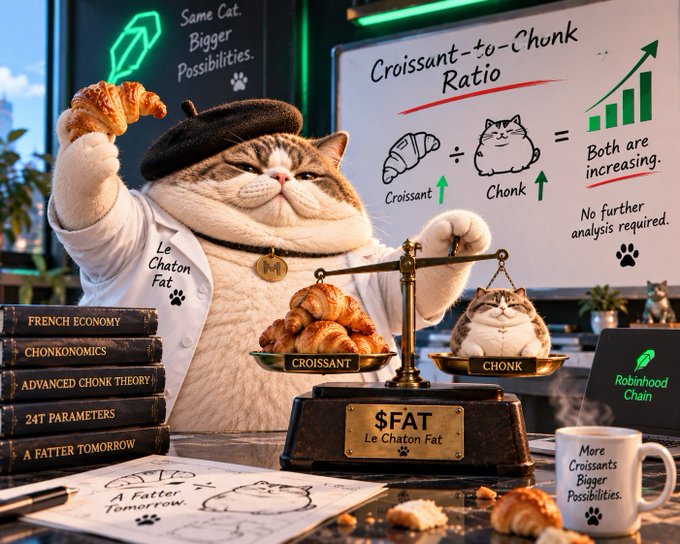 A humorous meme featuring a fat cat dressed as a French professor labeled 'Le Chaton Fat' weighing croissants against 'chonk' cats, with references to 'Croissant-to-Chonk Ratio,' 'Robinhood Chain,' and books like 'FRENCH ECONOMY' and 'CHONKONOMICS.'