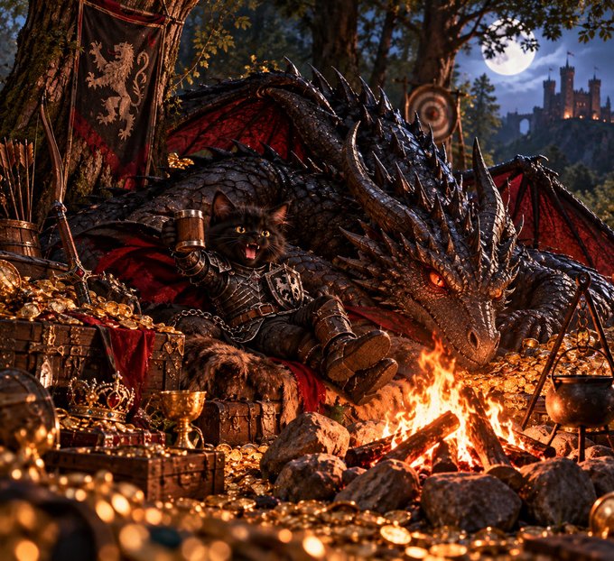A fantasy illustration of a black cat dressed in armor holding a goblet, sitting in front of a large black dragon with red eyes, surrounded by piles of gold coins, treasure, and a campfire.