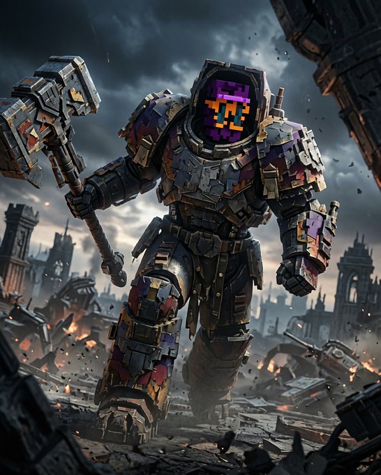 A towering armored warrior with a pixelated purple and gold helmet wields a massive hammer amid a ruined, war-torn landscape.