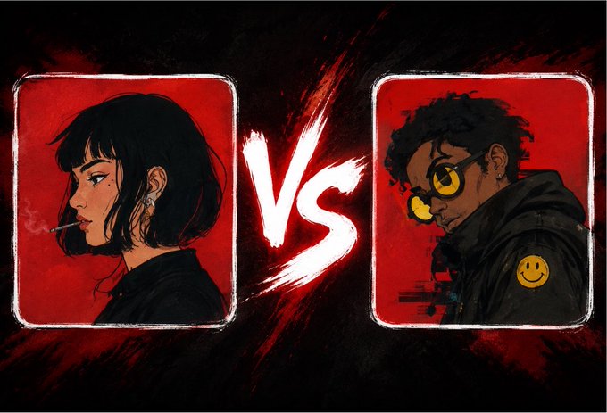 Digital artwork styled like a 'VS' fighting game matchup screen, with a 'VS' logo in the center. On the left is a side-profile illustration of a pale woman with dark bobbed hair smoking a cigarette, and on the right is a dark-skinned man wearing yellow glasses with a smiley face patch on his jacket.