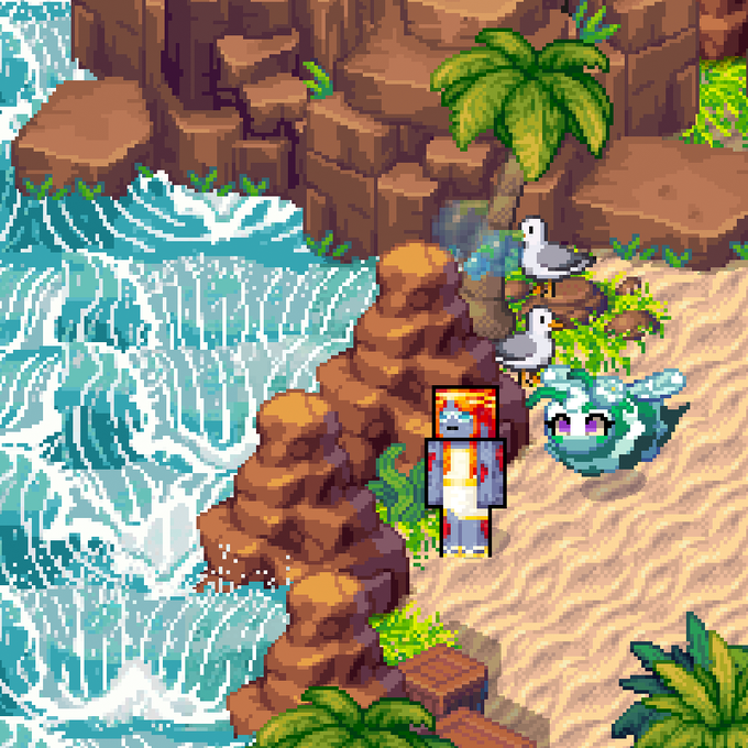 A pixel art game scene showing a character in gray attire standing on a sandy beach next to rocky terrain with seagulls and a small blue creature, with a waterfall visible to the left.