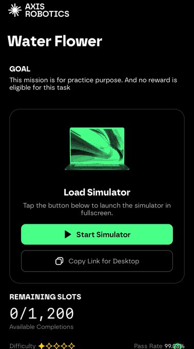 A mobile app interface for 'AXIS ROBOTICS' titled 'Water Flower', offering a simulator practice mission with a 'Start Simulator' button, showing 0/1,200 remaining slots and a 99.8% pass rate.