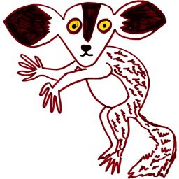 A simple digital drawing of a strange creature with a lemur-like face featuring large yellow eyes and dark ears, and a humanoid body covered in red fur with elongated arms.