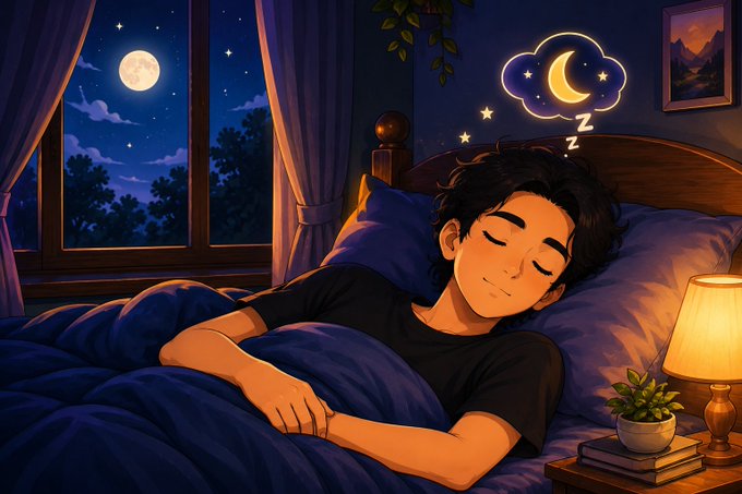 An anime-style illustration of a young man sleeping peacefully in bed at night, with a glowing moon and stars visible through the window and a neon crescent moon thought bubble above his head.