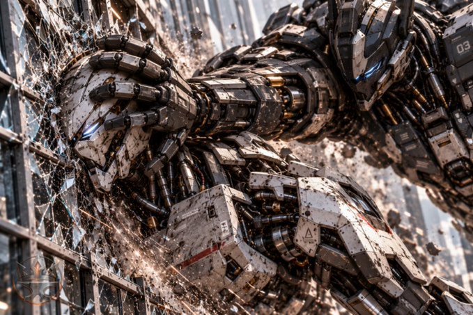A detailed close-up of a massive, battle-damaged robotic mech smashing through a glass building, with sparks flying and the number '03' visible on its armor.