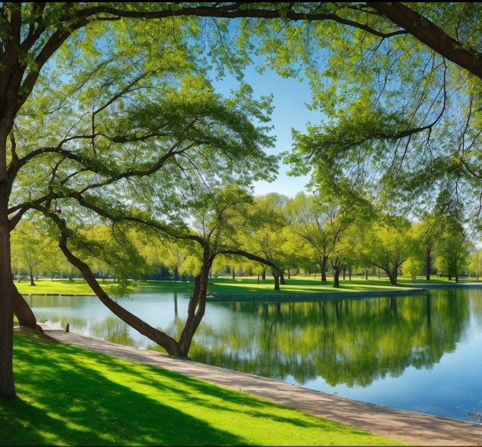 A serene park scene features a calm lake surrounded by lush green trees with overhanging branches reflected in the water under a clear blue sky.