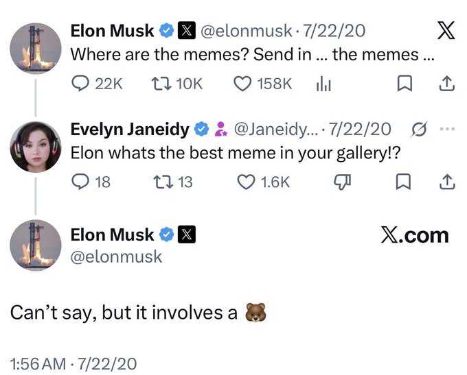 A screenshot of an X/Twitter exchange between Elon Musk and Evelyn Janeeidy from 7/22/20, where Musk teases 'Can't say, but it involves a 🐻' after asking for memes.