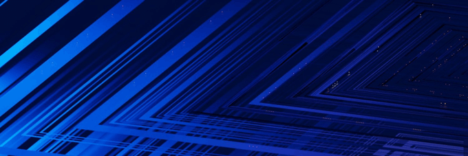 An abstract digital background featuring layered blue geometric lines and triangular shapes with a dark blue gradient.