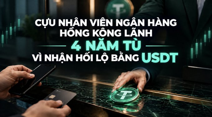 A Vietnamese-language news graphic with the headline 'CỰU NHÂN VIÊN NGÂN HÀNG HỒNG KÔNG LÃNH 4 NĂM TÙ VÌ NHẬN HỐI LỘ BẰNG USDT' over an image of hands with smartphones and a USDT token.