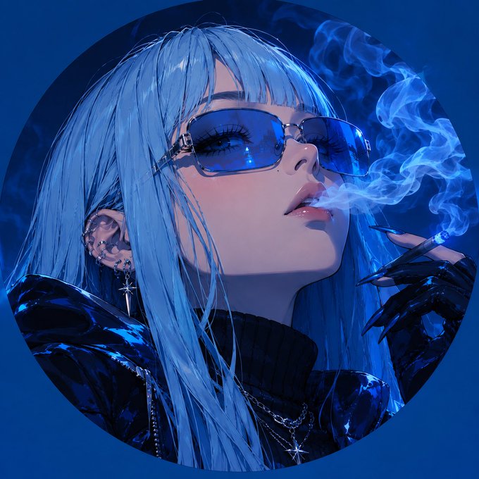 A digital illustration of a stylized woman with long blue hair, wearing blue-tinted sunglasses and a glossy black outfit, exhaling a cloud of smoke.