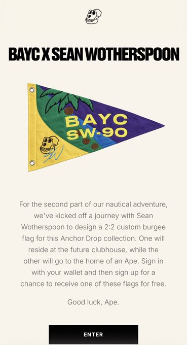 A promotional page titled 'BAYC X SEAN WOTHERSPOON' featuring a triangular burgee flag with 'BAYC SW-90' text and a skull logo, offering free flags to wallet sign-ups for a nautical collection.