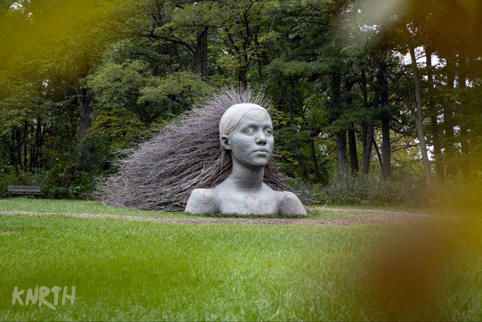 An outdoor sculpture of a head with long flowing twig-like hair in a grassy field surrounded by trees, watermarked "KNRTH" in the bottom left corner.