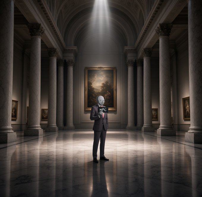 A surreal scene featuring a man in a business suit with a 'NPC' face mask, standing alone in a grand, classical gallery illuminated by a spotlight.