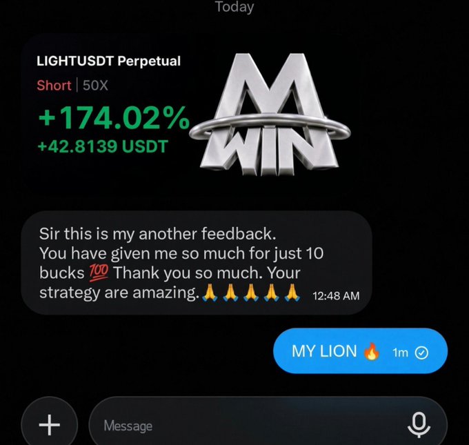 A screenshot of a trading app showing a 'LIGHTUSDT Perpetual' short position with a +174.02% gain (+42.8139 USDT), accompanied by a customer message praising the trader's strategy for a 100 USD deposit.