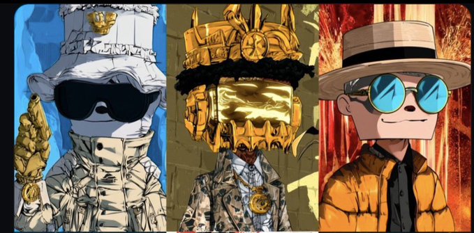 Three stylized cartoon characters wearing designer streetwear including bucket hats, sunglasses, crowns, and fur coats in a triptych art style.