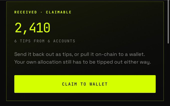 A digital interface displays "RECEIVED · CLAIMABLE 2,410" from "6 TIPS FROM 6 ACCOUNTS," with a "CLAIM TO WALLET" button, suggesting the user has accumulated tips and can now withdraw their $MOTION tokens to an external wallet—likely including tips received from the giveaway promotion mentioned in the post.