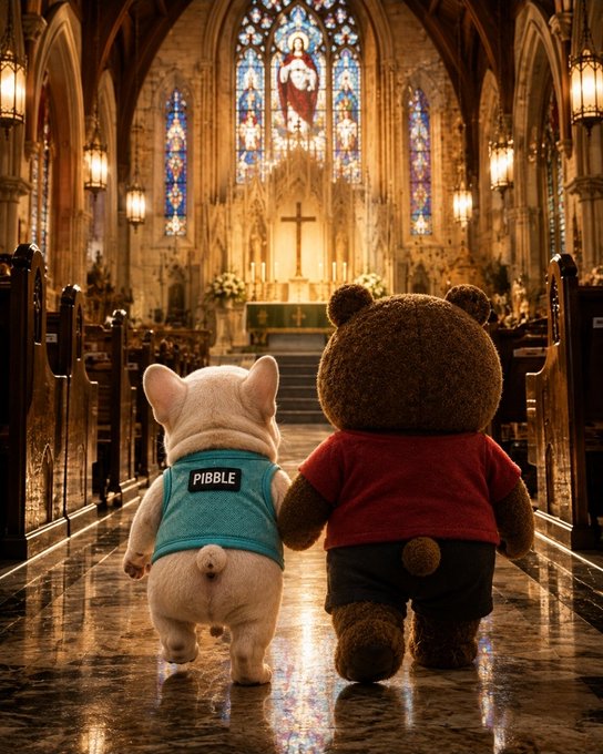 AI-generated image showing two stuffed animals (a Shiba Inu labeled 'PIBBLE' and a brown bear) holding hands while walking down the aisle of a cathedral toward an illuminated altar.