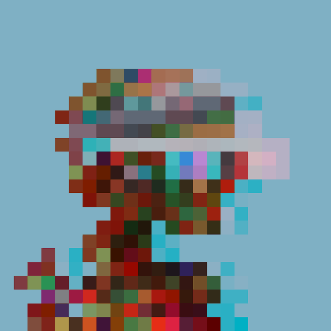 A heavily pixelated image of a figure, possibly from a video game, wearing a cap against a blue background.