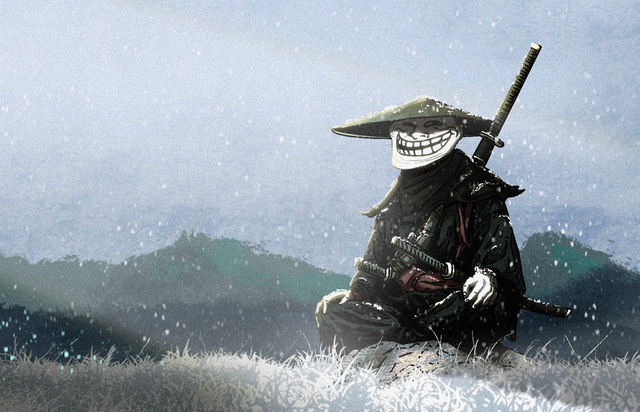 A lone ronin warrior wearing a traditional straw hat and bearing a wide, manic grin sits cross-legged in a snowy landscape, gripping a katana across his shoulders. The troll-faced figure embodies the "TROLL" token's chaotic, unhinged spirit—mocking doubters with an eerie smile amid the falling snow.