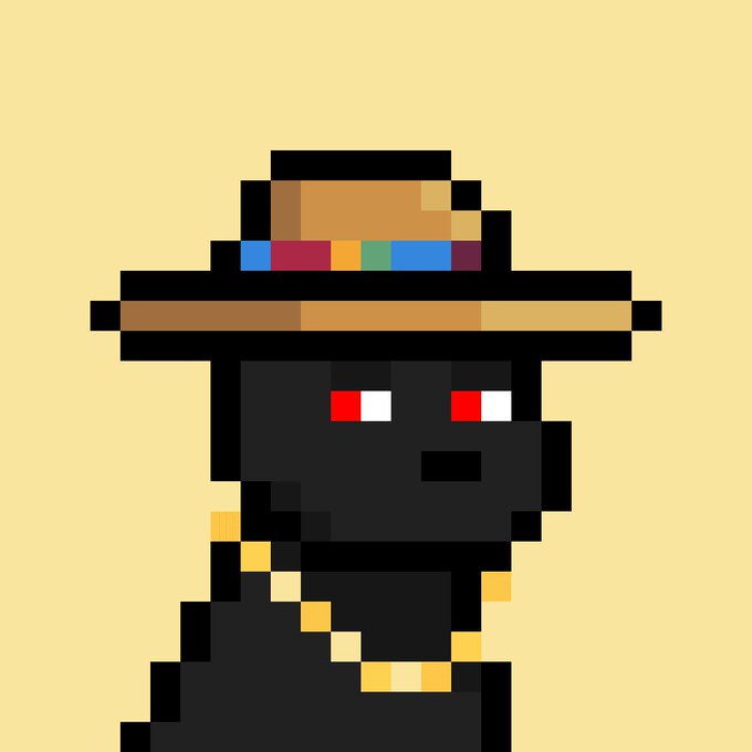 Pixel art illustration of a black cat wearing a brown and orange hat with a colorful band, featuring red and white eyes.