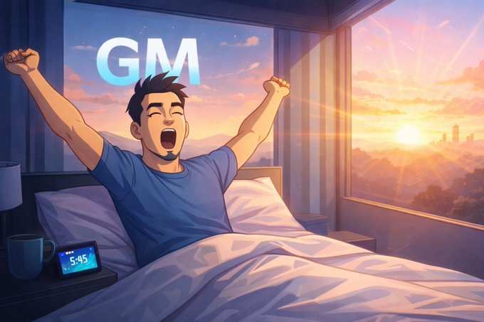 The image features a man with his arms raised, as if he has just woken up or is about to wake up from sleep. The setting appears to be a bedroom, with a bed visible in the scene. There are also two clocks present in the room - one on top of the bed and another smaller clock placed nearby. The image seems to be related to the post "gm ct legends something interesting happens when you stop looking at what projects promise and start looking at what changes after they arrive". This could mean that the man's actions, such as raising his arms or making a gesture, are symbolic of the idea that innovation often comes from unexpected sources or experiences. The clocks in the room might represent the passage of time and how new ideas can emerge when we stop focusing on our initial expectations and start exploring what has already been created or experienced.