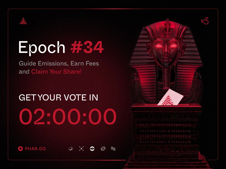 The image features a poster with an Egyptian pharaoh statue sitting atop a pedestal, surrounded by red text that reads "EPOCH #34". The poster also includes a clock at the bottom of the image, indicating that there are two hours left before the voting deadline.