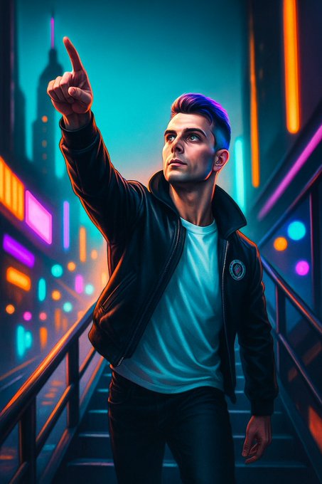 A digital illustration of a young man with purple-tinted hair wearing a black jacket, pointing upward in a futuristic neon-lit cityscape with vibrant blue, orange, and purple lighting.