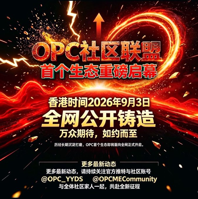 A fiery red and orange promotional graphic for OPC社区联盟 (OPC Community Alliance) announcing their first ecosystem launch, with public minting scheduled for September 3, 2026 (Hong Kong time), and social handles @OPC_YYDS and @OPCMEcommunity.