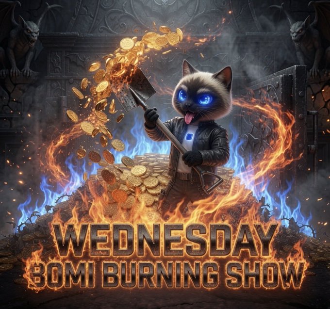 A digital artwork of a blue-eyed cartoon cat holding a shovel amid piles of gold coins and flames, with text 'WEDNESDAY BOMI BURNING SHOW'.