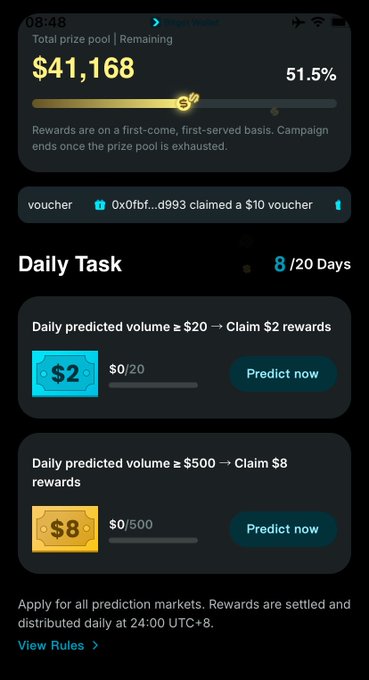 The image shows a Bitget Wallet rewards campaign with a total prize pool of $41,168 (51.5% remaining) and a "Daily Task" section offering $2 or $8 vouchers for prediction volumes of $20 or $500, while the post criticizes the platform for not distributing a voucher's reward and vows to never use its prediction feature again.