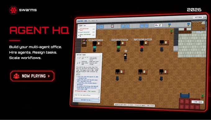 A promotional image for 'swarms' showcases 'AGENT HQ' with text reading 'Build your multi-agent office. Hire agents. Assign tasks. Scale workflows' alongside a 'NOW PLAYING' button and a 2D office simulation game screenshot.