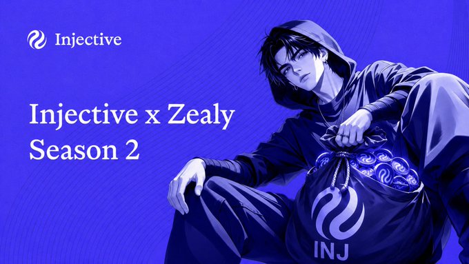 A promotional banner with a blue-toned anime-style illustration features the Injective logo and the text "Injective x Zealy Season 2," advertising the campaign's launch on the Zealy platform where users can earn rewards by completing tasks, including a potential path to the Injective ambassador program with monthly $INJ distributions.