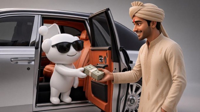 A 3D-rendered scene shows a man in traditional Indian attire smiling as he receives stacks of cash from a white cartoon mascot wearing sunglasses, who is stepping out of a luxury car.