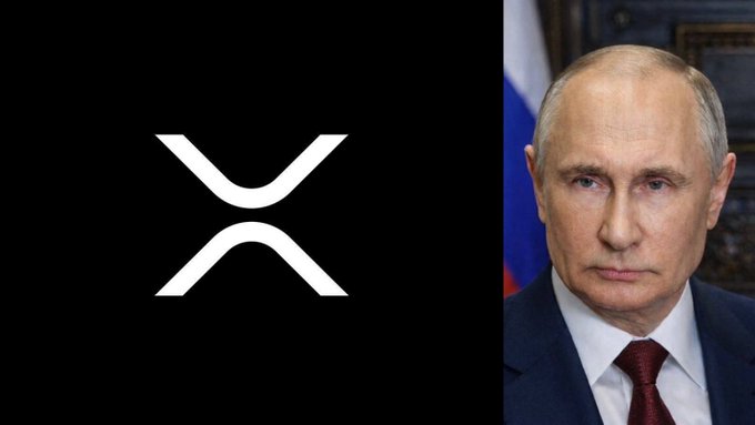 The image shows the XRP logo next to a portrait of Vladimir Putin. This visual pairing suggests a connection between Russia's potential embrace of cryptocurrencies, specifically XRP, for traditional finance and its key leader.