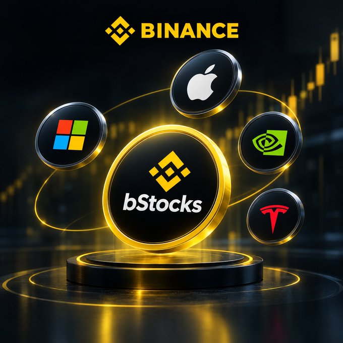 A promotional graphic for Binance bStocks features the Binance logo at the top and a central glowing "bStocks" token surrounded by smaller tokens bearing the logos of Microsoft, Apple, NVIDIA, and Tesla against a dark candlestick chart background, visually representing the concept of tokenized U.S. stock products for traditional publicly listed companies.