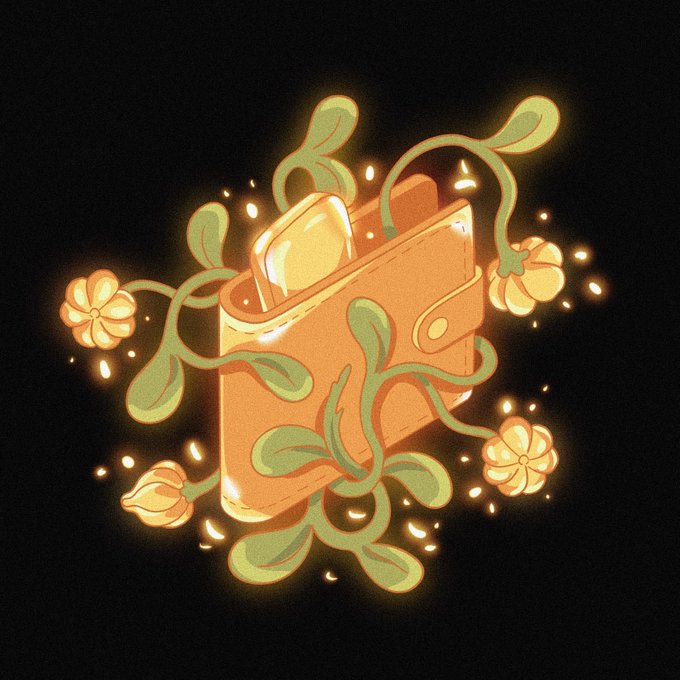 A digital illustration of a brown leather wallet with green vines and yellow flowers growing out of it against a black background, glowing with warm light.