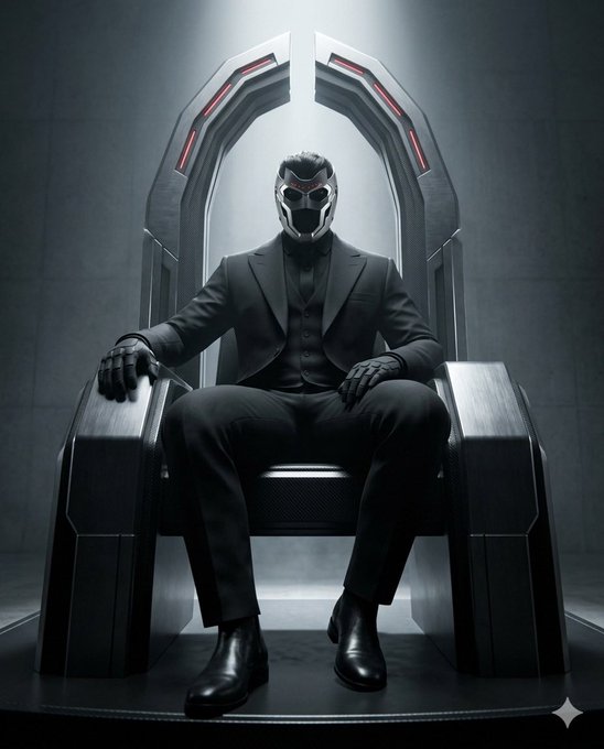 A man in a sharp black suit and a futuristic white/red visor sits on a high-tech metallic throne under dramatic spotlighting in a sleek sci-fi setting.