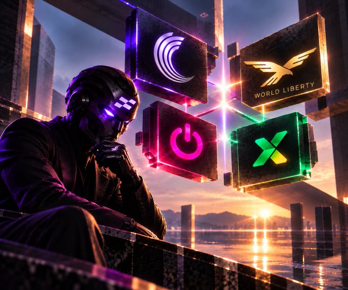 A futuristic figure wearing a glowing purple helmet sits in contemplation near water at sunset, with floating holographic panels displaying logos including one that reads "WORLD LIBERTY".