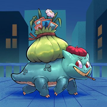An illustration of the Pokemon Ivysaur, a teal quadruped with a large green plant bulb on its back, set against a stylized nighttime cityscape.