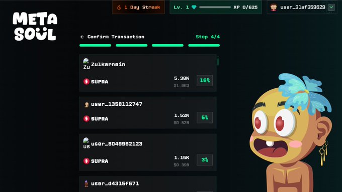 The image features a screenshot of a trading site named 'Meta Soul', with several profiles displayed. Among these, one profile stands out due to its cartoon character representation. The text accompanying this image reads "May Recap Gsoul wanderers, we continues our journey as a liquidity provider on @SUPRA_Labs ... We generate more $SUPRA". This post details the financial aspects of the site, including how they distribute their revenue and the importance of user engagement for maintaining their platform.