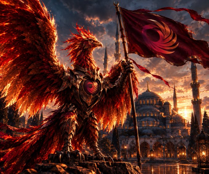 The image is unrelated to the post about a Discord strategy session for Meteora—it simply depicts a majestic fiery phoenix wielding a red flag bearing a phoenix emblem against a dramatic sunset backdrop with domed architecture.